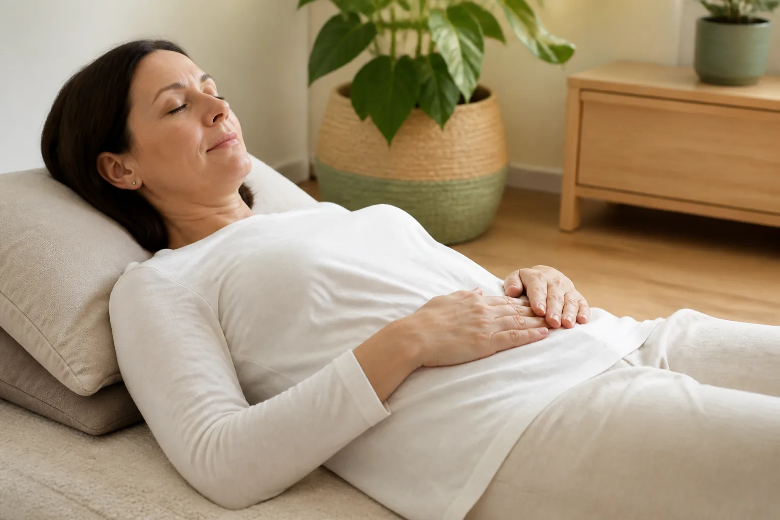Posição das mãos no abdômen durante a autoaplicação de Reiki