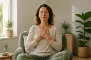 Autoaplicação de Reiki com as mãos apoiadas sobre o peito
