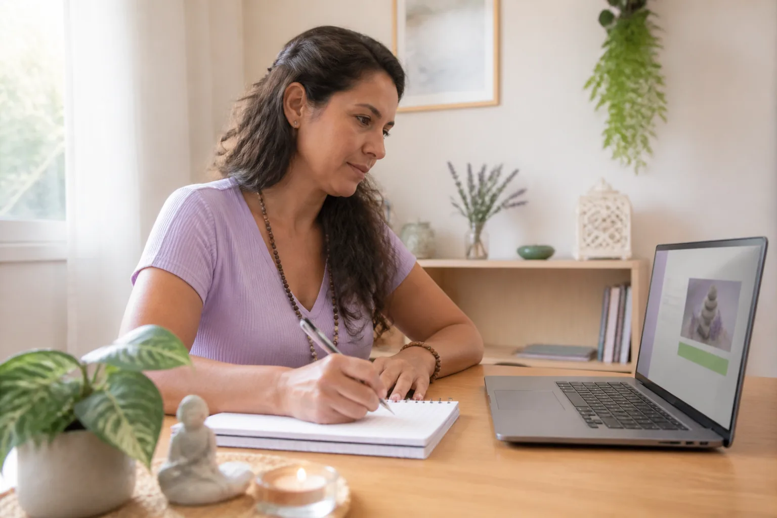 Aluna estudando o curso online de Reiki Nível 1 e fazendo anotações