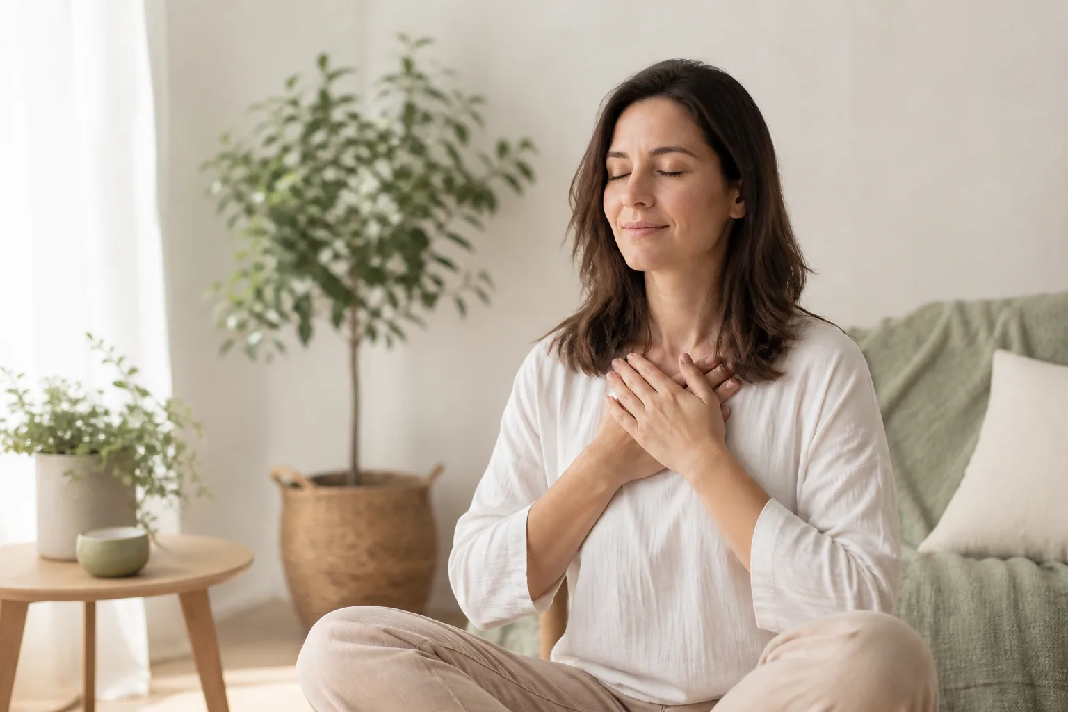Iniciante praticando uma posição simples de autoaplicação de Reiki