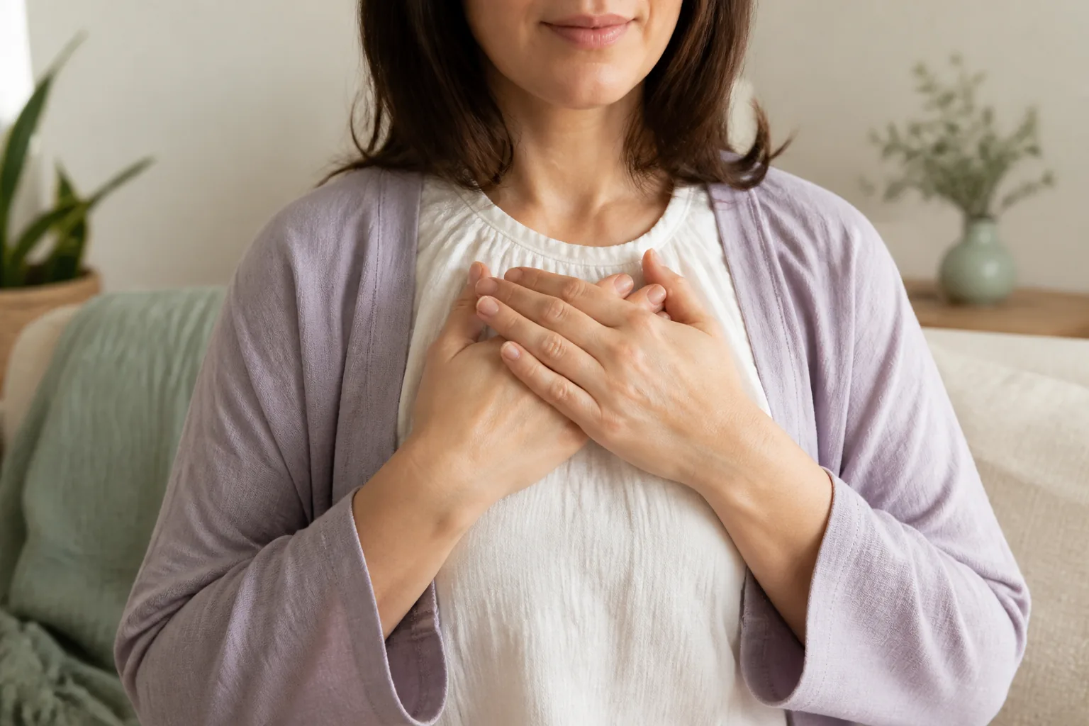 Pessoa praticando uma posição simples de autoaplicação de Reiki