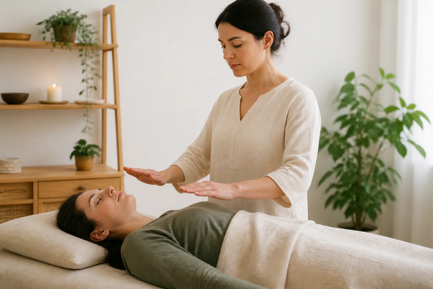 Aplicação de Reiki Usui com as mãos próximas ao corpo