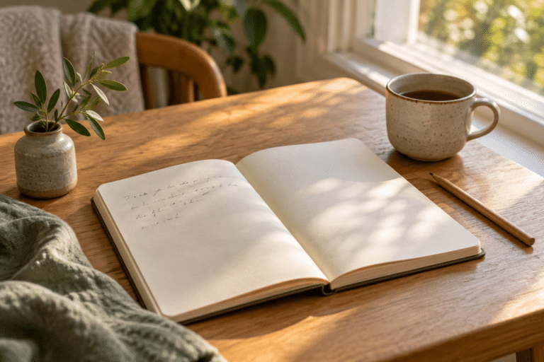 Caderno aberto com anotações ao lado de um lápis, uma xícara e um pequeno vaso, sobre uma mesa iluminada pela janela.