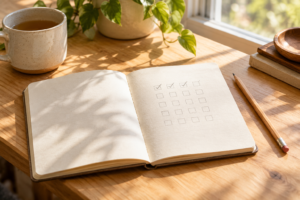 Caderno aberto com quadrinhos e marcas de contagem ao lado de um lápis, sobre uma mesa iluminada pela janela.