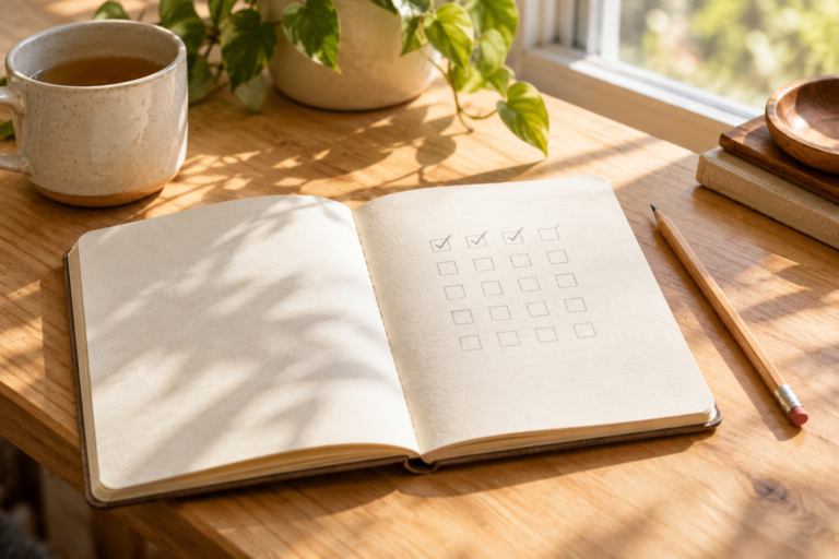 Caderno aberto com quadrinhos e marcas de contagem ao lado de um lápis, sobre uma mesa iluminada pela janela.