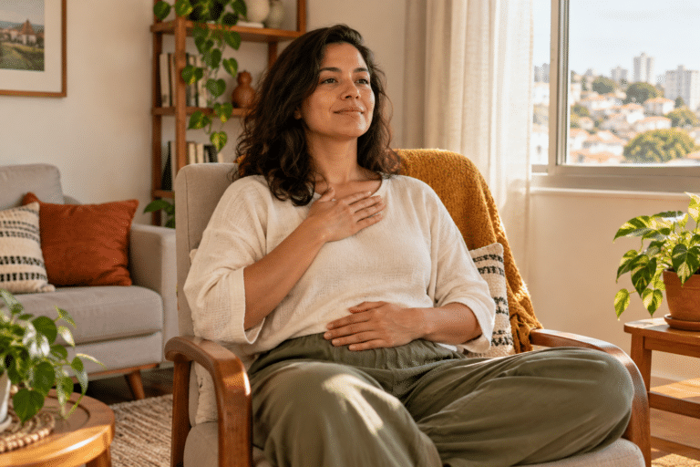 Mulher sentada em uma poltrona de casa, com uma mão sobre o peito e outra sobre o abdômen, junto a uma janela.